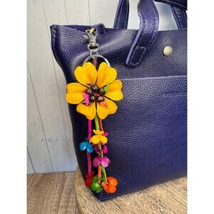 Yellow Daisy Flower Leather Bag Charm Genuine Leather Purse Charm Flowers
